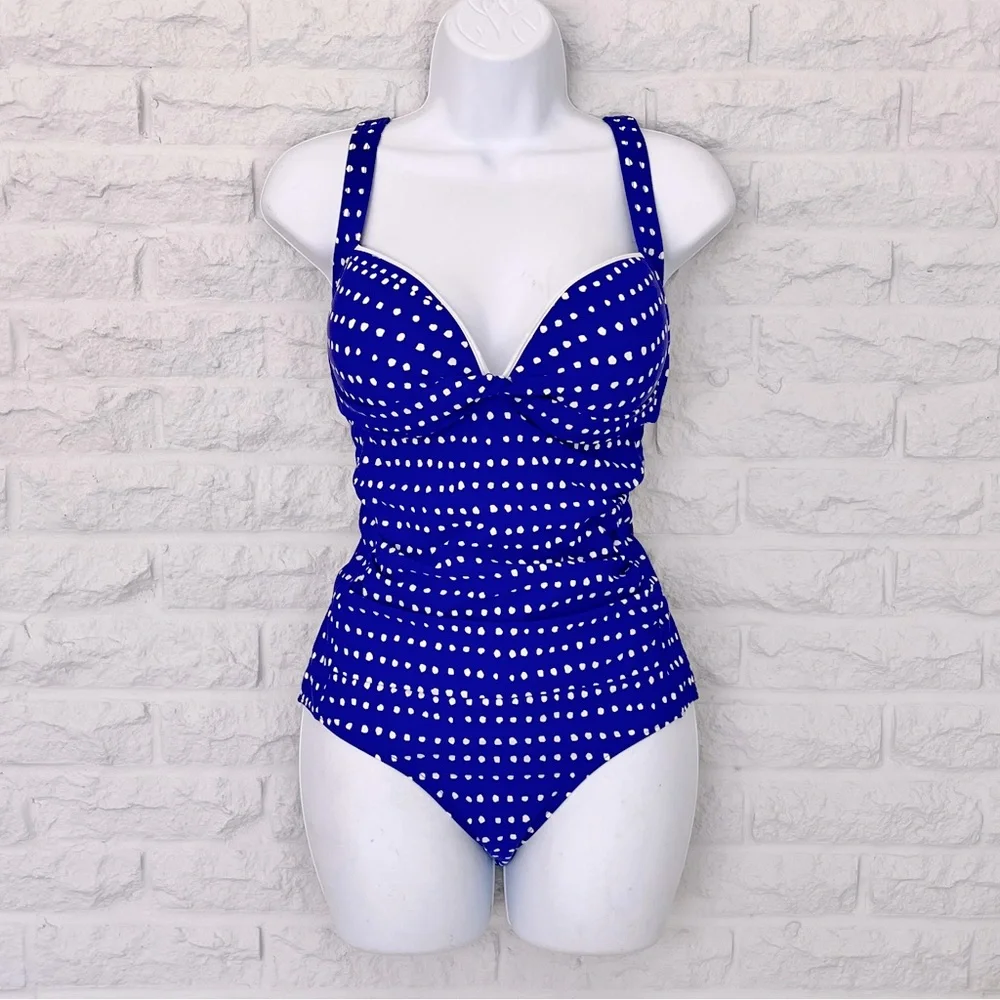 Moontide Blue and White Polka Dot Retro One Piece Bathing Suit, Size 12
